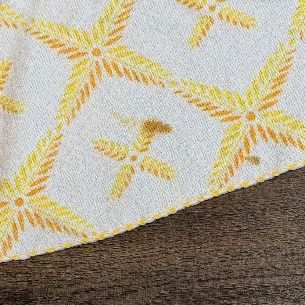 Vintage Round MCM Terry Cloth Tablecloth White Yellow Orange Leaves 72